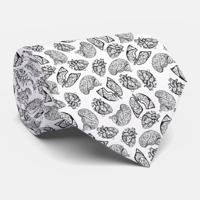 Lung Heart Brain — Black on White Neck Tie (Rolled)