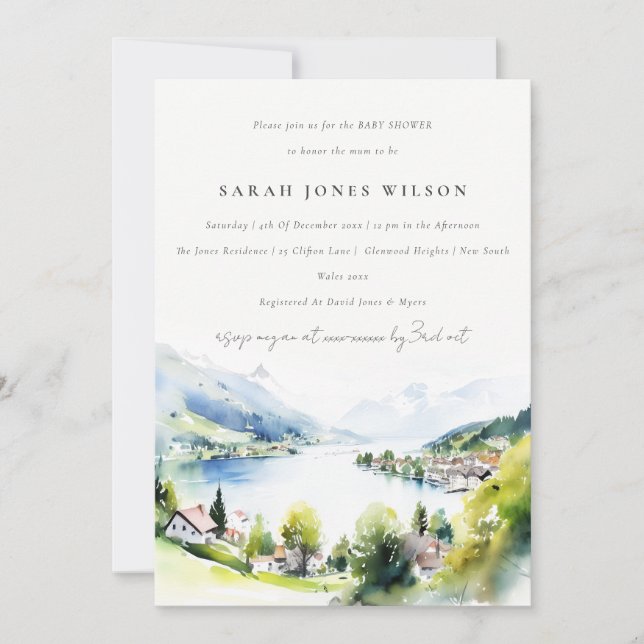 Lungern Switzerland Watercolor Baby Shower Invitation (Front)