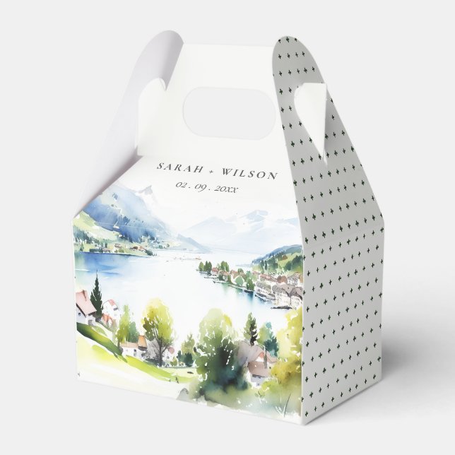 Lungern Switzerland Watercolor Landscape Wedding Favor Boxes (Front Side)