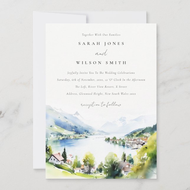Lungern Switzerland Watercolor Landscape Wedding Invitation (Front)