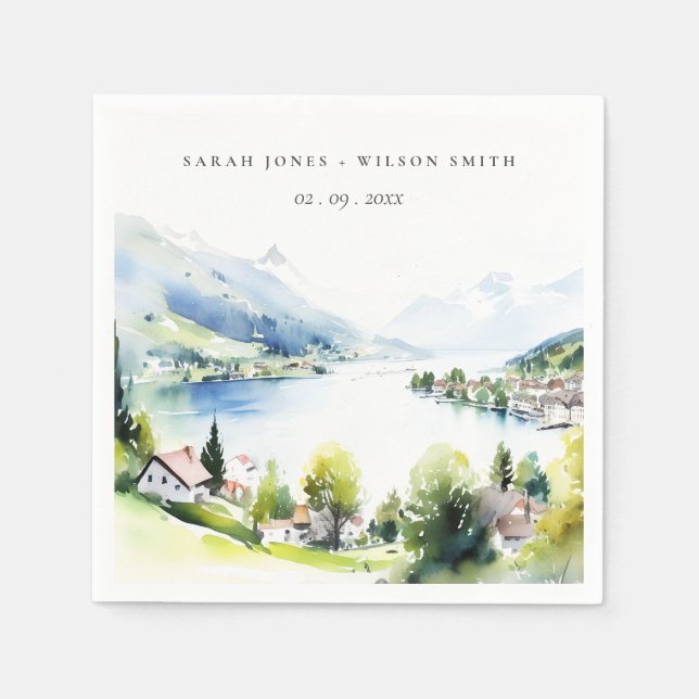 Lungern Switzerland Watercolor Landscape Wedding Napkins (Front)