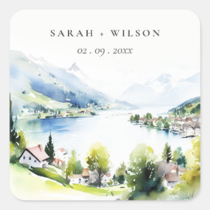 Lungern Switzerland Watercolor Landscape Wedding Square Sticker