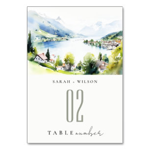 Lungern Switzerland Watercolor Landscape Wedding Table Number