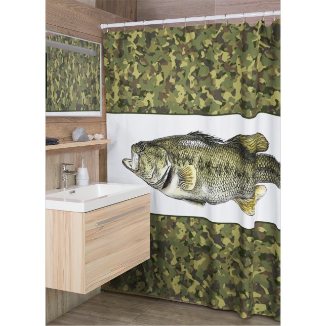 Lunker Largemouth Bass Fishing Green Camo Shower Curtain (Bass Fishing Camo Shower Curtain)