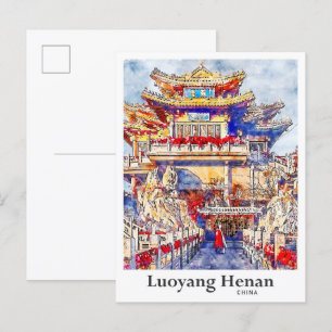 Luoyang Henan China Travel Watercolor Hand Drawn Postcard