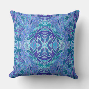 Lupine Flower Bohemian Arabesque Pattern Blue Teal Throw Pillow