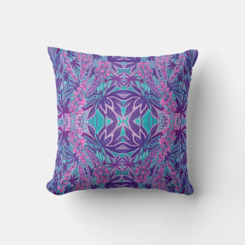Lupine Flower Bohemian Arabesque Pattern Pink Mint Throw Pillow