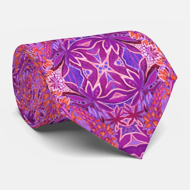 Lupine Flower Boho Bohemian Arabesque Pattern Pink Neck Tie (Rolled)