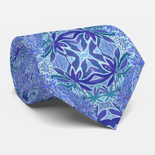 Lupine Flowers Bohemian Arabesque Pattern Blue Neck Tie (Rolled)