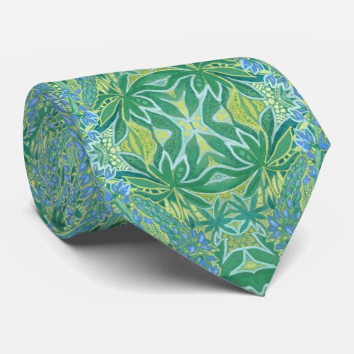 Lupine Flowers Bohemian Arabesque Pattern Green Neck Tie