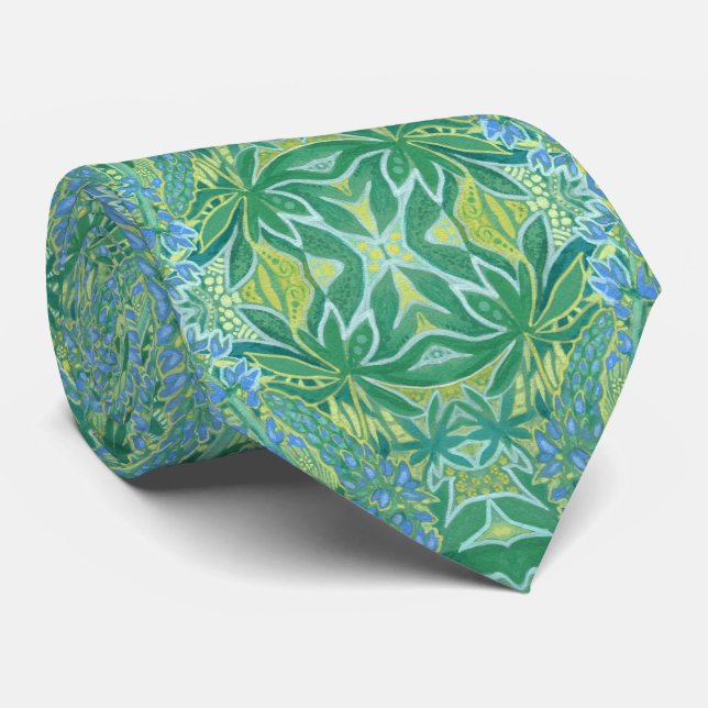 Lupine Flowers Bohemian Arabesque Pattern Green Neck Tie (Rolled)