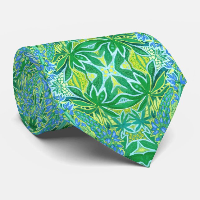 Lupine Flowers Bohemian Arabesque Pattern Green Neck Tie (Rolled)