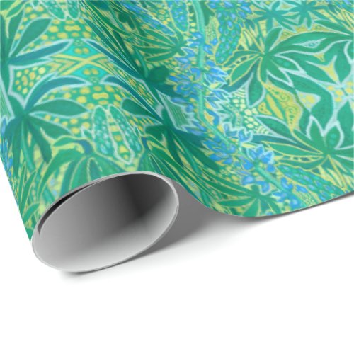 Lupine Flowers Bohemian Arabesque Pattern Green Wrapping Paper