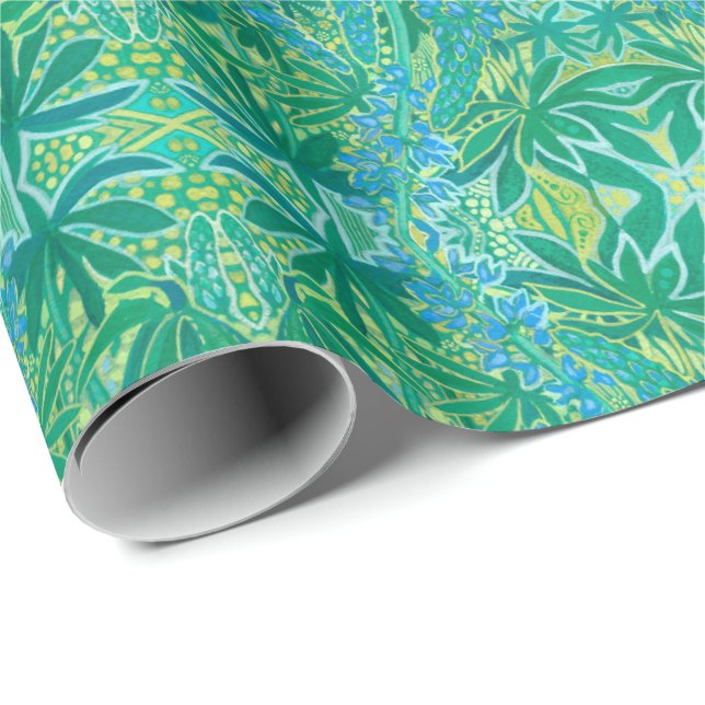 Lupine Flowers Bohemian Arabesque Pattern Green Wrapping Paper (Roll Corner)