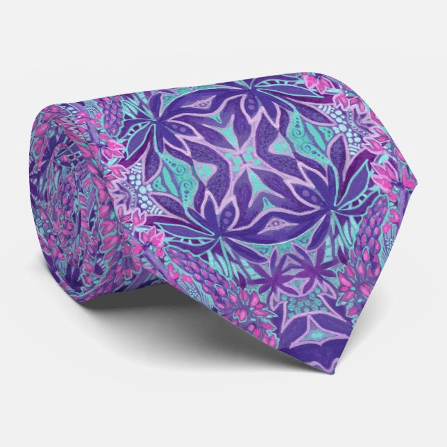 Lupine Flowers Bohemian Arabesque Pattern Pink Neck Tie (Rolled)