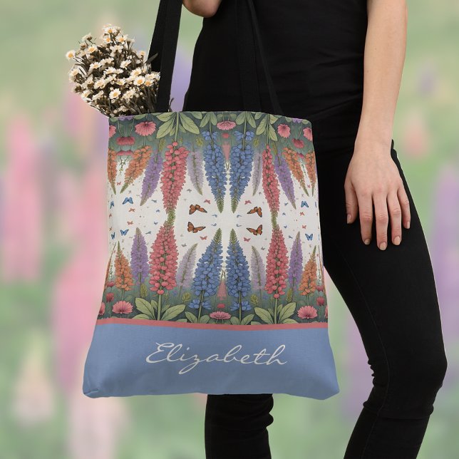 Lupine Flowers n Butterflies Vintage Monogram Tote Bag (Creator Uploaded)