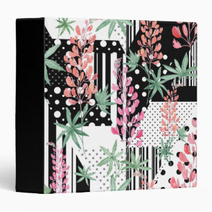 Lupines on a patchwork black and white background 3 ring binder