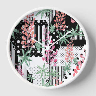 Lupines on a patchwork black and white background  clock