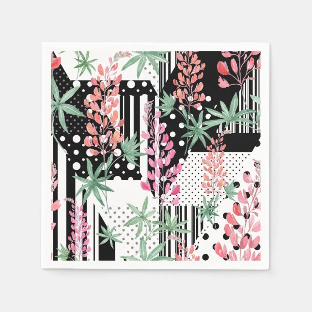 Lupines on a patchwork black and white background  napkins (Front)