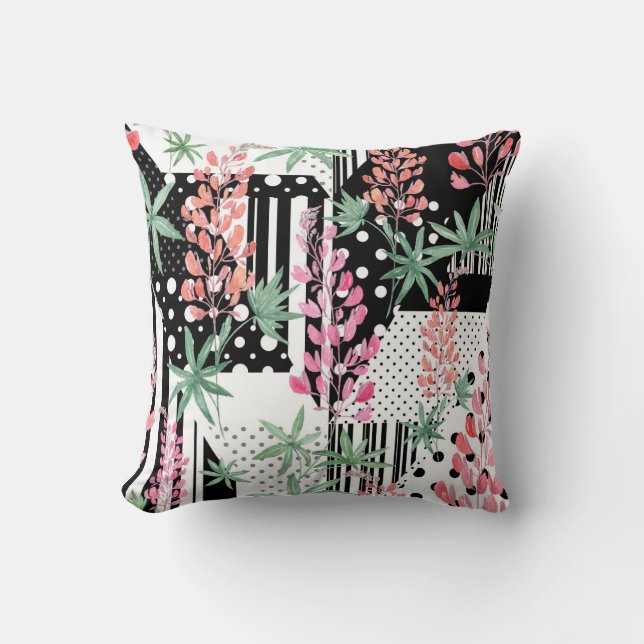 Lupines on a patchwork black and white background  throw pillow (Front)
