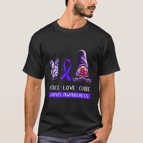 Lupus Awareness Peace Love Cure Purple Ribbon Gnom T_Shirt