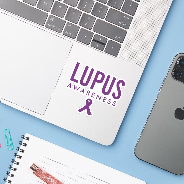 Lupus Awareness Ribbon Purple Sticker (Laptop w/ iPhone)