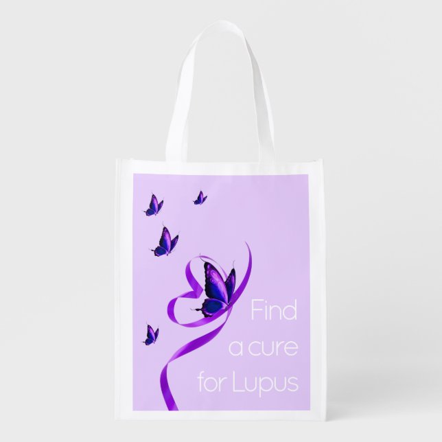 Lupus Find a Cure Purple Butterfly Ribbon Grocery Bag (Front)