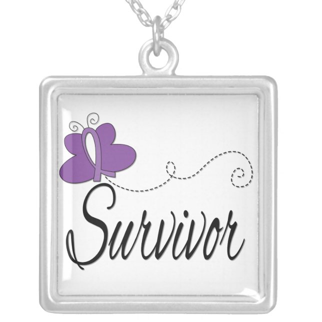 Lupus Survivor Butterfly Ribbon Silver Plated Necklace (Front)