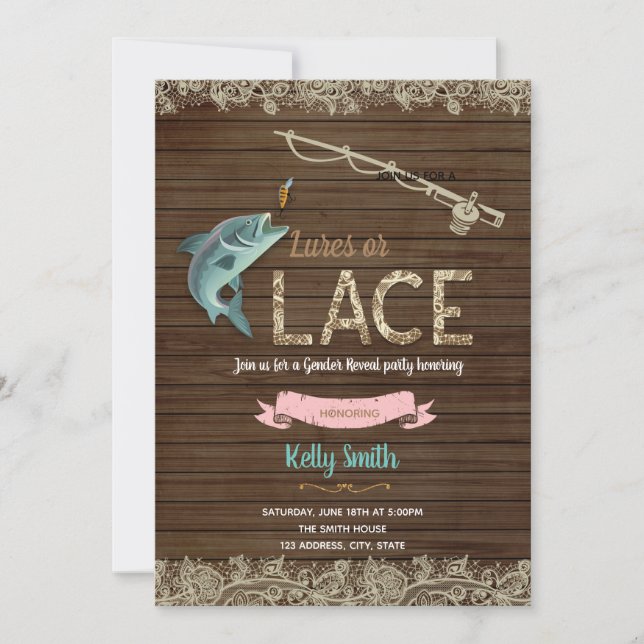 Lure or lace gender reveal party invitation (Front)