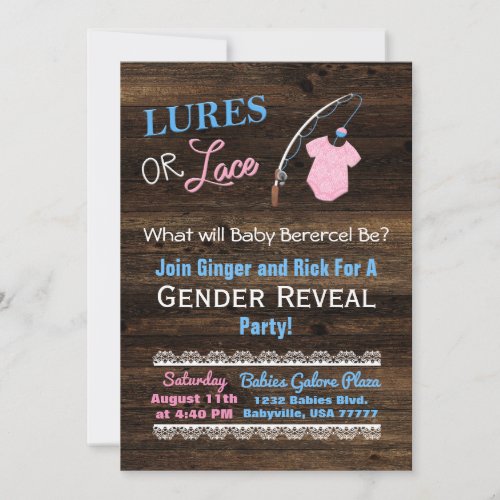 Lures or Lace Wooden Gender Reveal Baby Shower Invitation