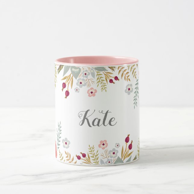 Luscious Floral Personalized Name Two Tone Coffee Mug (Center)