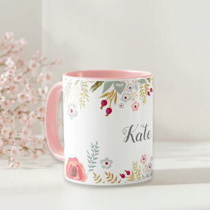 Luscious Floral Personalized Name Two Tone Coffee Mug