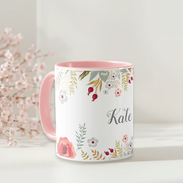 Luscious Floral Personalized Name Two Tone Coffee Mug (Creator Uploaded)