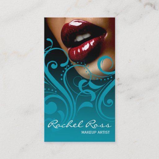 Customizable Luscious Glossy Lips Curliques | ocean blue Business Card Templates