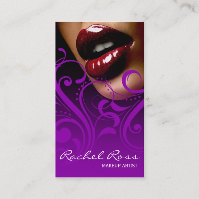 Luscious Glossy Lips Curliques | purple Business Card (Front)