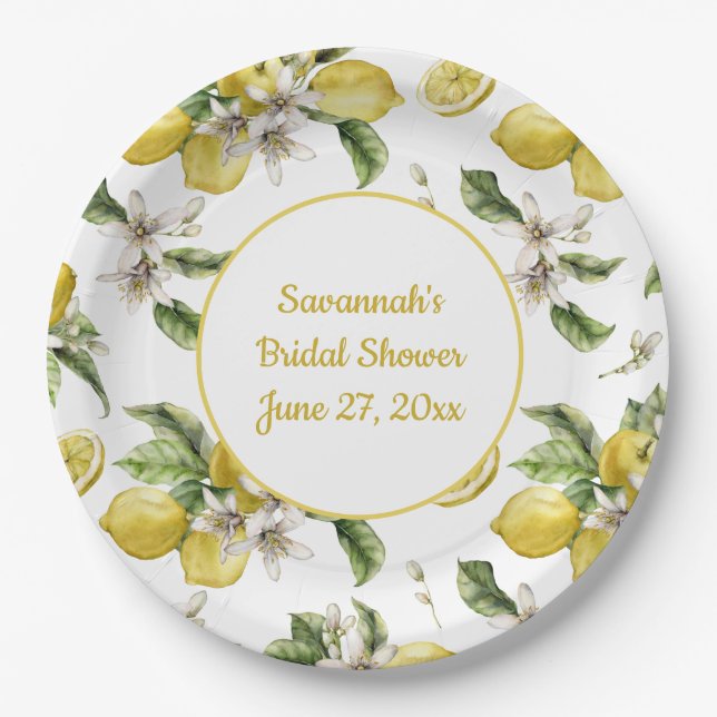 Luscious Lemons and Greenery Monogrammed Paper Plates (Front)