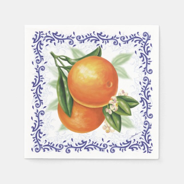 Luscious Oranges Toile Cocktail Napkins (Front)