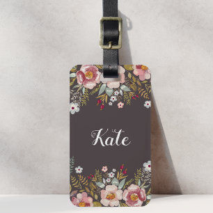 Luscious Pink Floral Taupe Brown Custom Name Luggage Tag