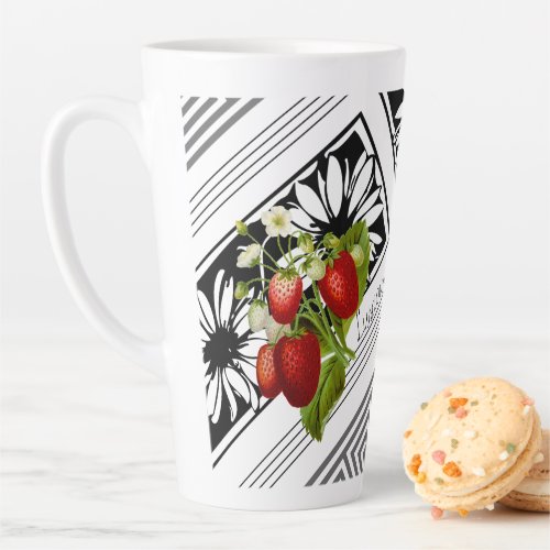 Luscious Red Strawberries on Black  White Graphic Latte Mug