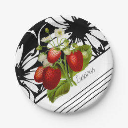 Luscious Red Strawberries on Black &amp; White Graphic Paper Plates