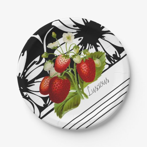 Luscious Red Strawberries on Black  White Graphic Paper Plates