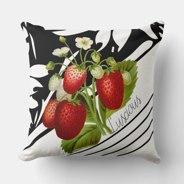 Luscious Strawberries on Black and White Graphic Throw Pillow (Front)