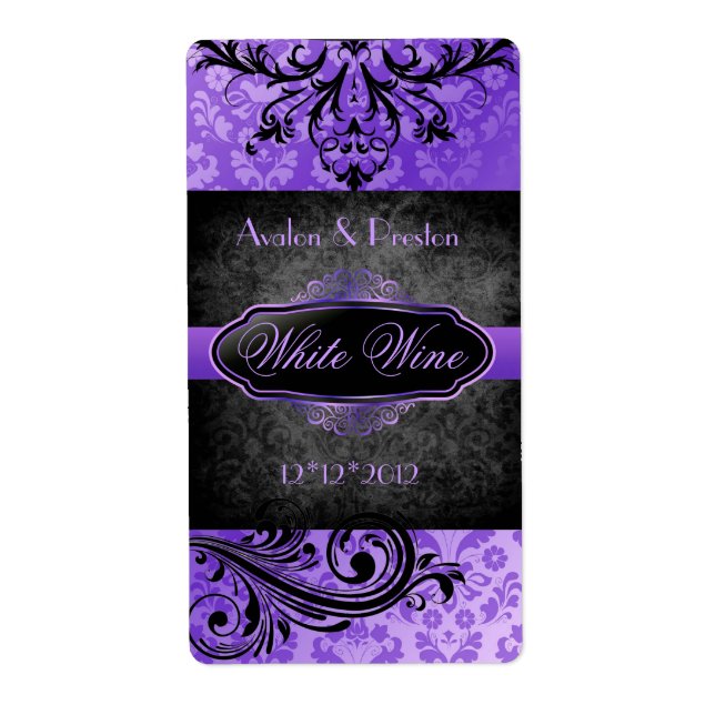 Luscious Vintage Purple Scroll Wedding Wine Label (Front)