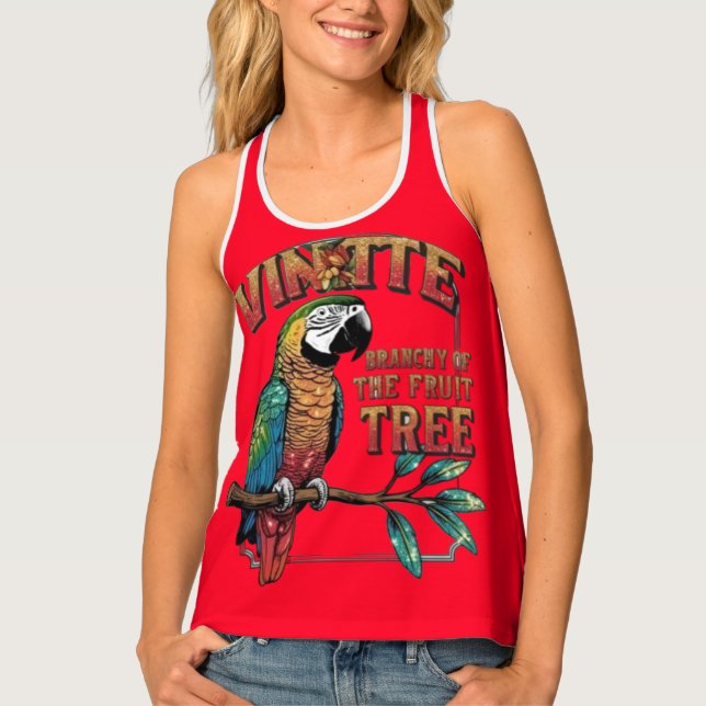 Lush and Bright: Parrot in a Tropical Tree Tank Top (Front)