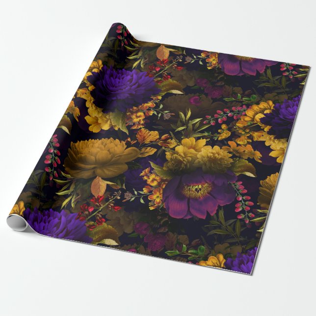 Lush antique dark yellow purple flowers pattern wrapping paper (Unrolled)
