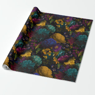 Lush baroque antique flowers on black wrapping paper