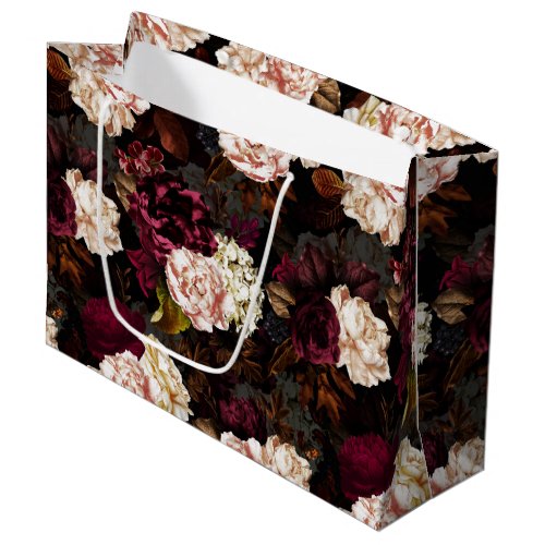 Lush baroque antique peony flowers on black large gift bag