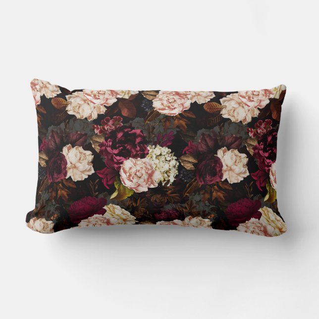 Lush baroque antique peony flowers on black lumbar pillow (Front)