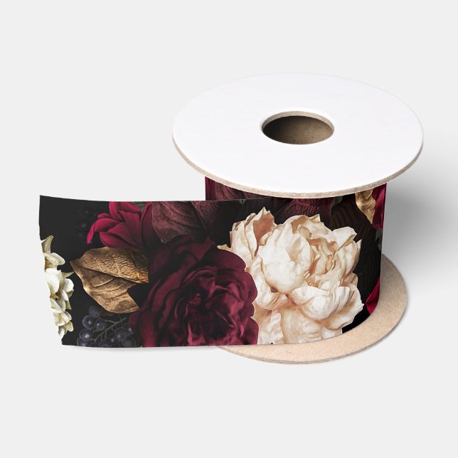Lush baroque antique peony flowers on black satin ribbon (Spool)