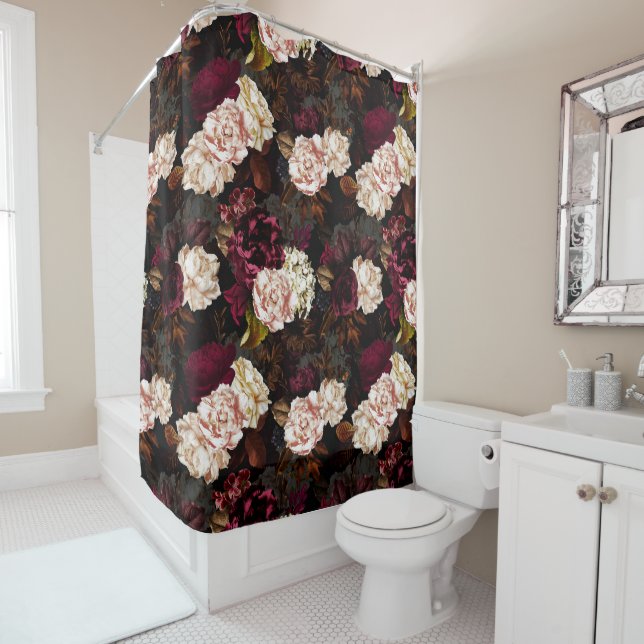 Lush baroque antique peony flowers on black shower curtain (In Situ)